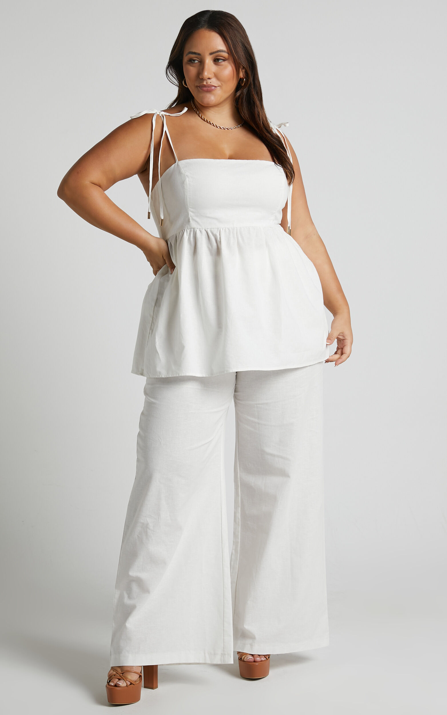 Buy Plus Size 2 Piece Outfits for Women Elegant 3/4 Sleeve Solid Peplum Tops  Wide Pants Casual Suit Sets, White, X-Large at