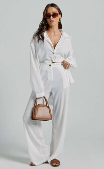 Isabeau Beach Trousers - Mid Rise Crinkle Pleat Relaxed Tailored Pants in White