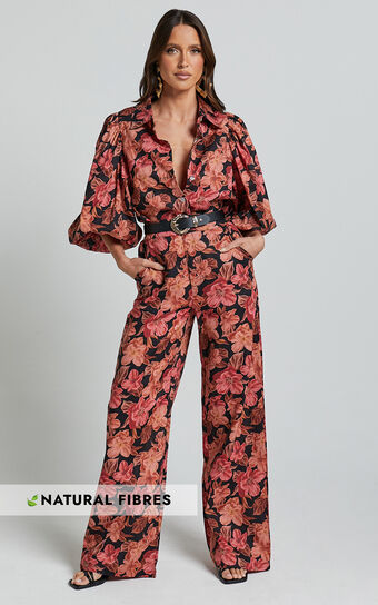 Amalie The Label - Rosabel Linen Blend High Waisted Wide Leg Pants in Atalie Print