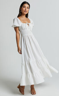 Claritza Midi Dress - Linen Look Short Puff Sleeve Square Neck Tiered Dress in White