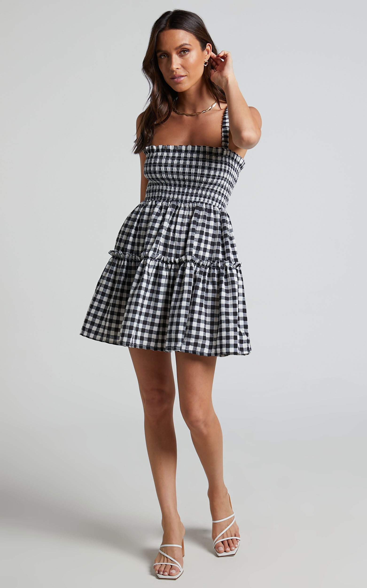 Wilda Mini Dress - Shirred Tiered Dress in Black and White