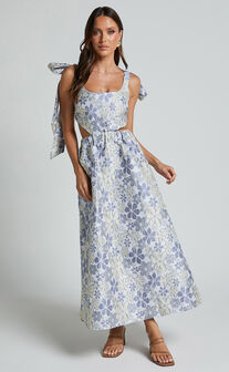 Briella Midi Dress - Adjustable Strap Side Cut Out A Line Dress in Blue