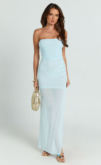 Cannes Maxi Dress - Strapless Contrast Georgette Scarf Tie Bodycon Dress in Ice Blue