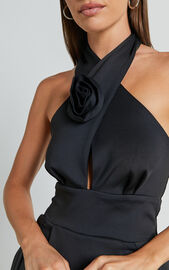 Carla Mini Dress - Halter Tie Neck Rosette Detail Dress in Black ...