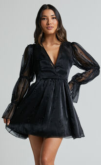 Lanna Mini Dress - Long Puff Sleeve V Neck Dress in Black