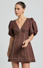Tallie Mini Dress - Linen Look Puff Sleeve A Line Dress in Chocolate ...