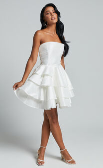 Allisyn Mini Dress - Strapless Tiered Flare Dress in White