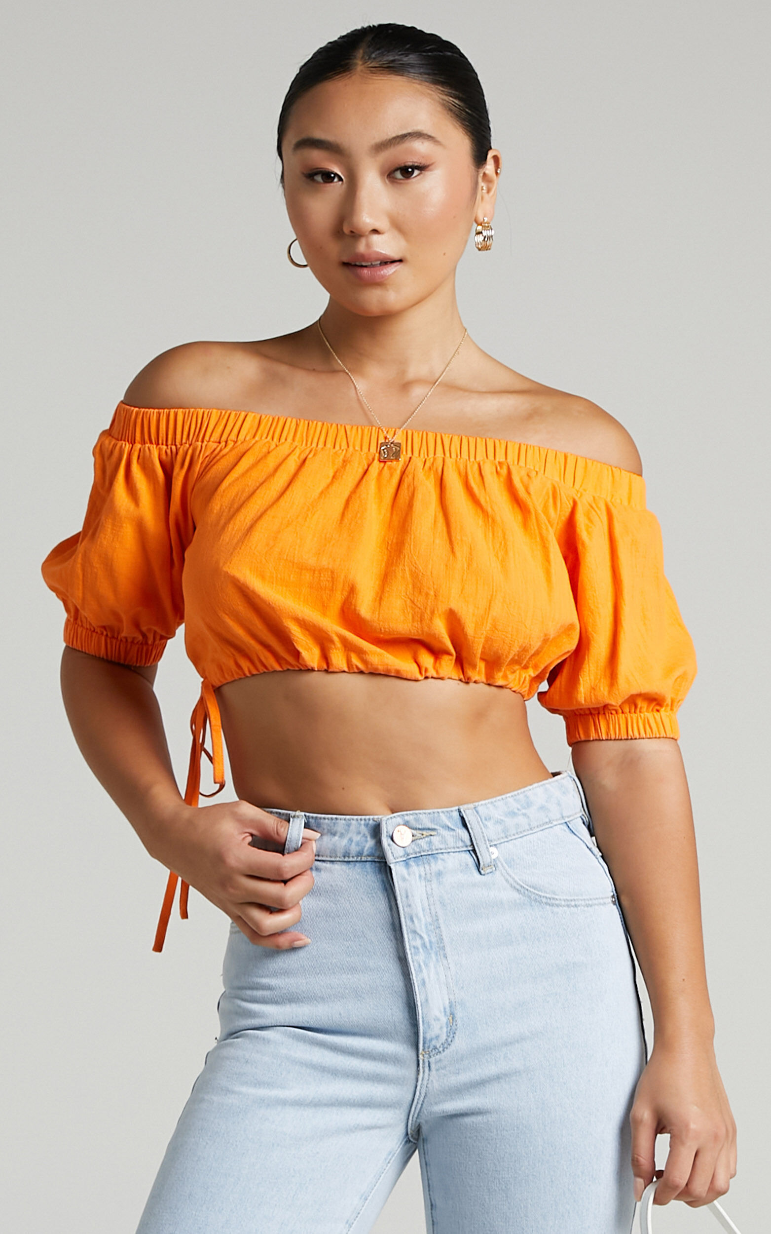 Leora Top - Off Shoulder Crop Top in Orange - 06, ORG1