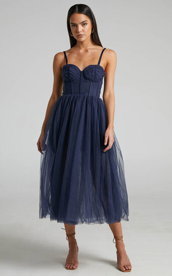 Aisha Midi Dress - Bustier Bodice Tulle Dress in Navy