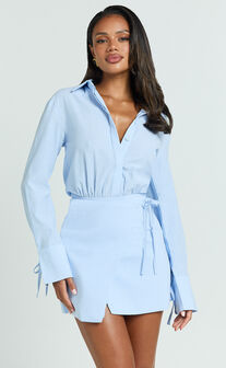 Heath Mini Dress - Pinstripe Collared Button Up Shirt Dress in Blue