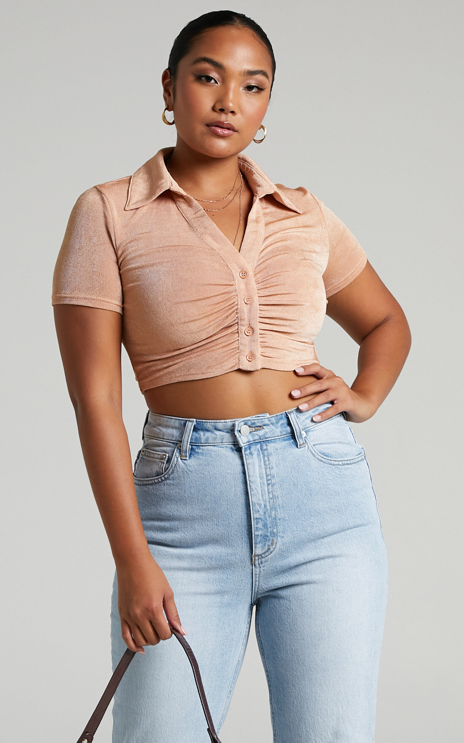 Dolly Top - Button Up Slinky Short Sleeve Crop Top in Sand
