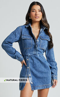 Ainsley Mini Dress - Button Through Long Sleeve Denim Dress in Mid Blue Wash