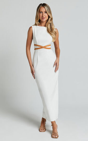 Glenda Midi Dress - High Neck Sleeveless Back Split Slip Dress in White