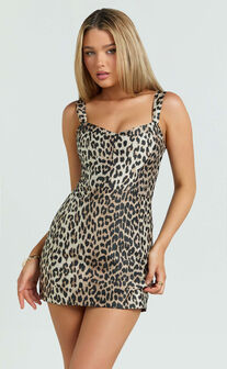 Sandy Mini Dress - Square Neck Jacquard Dress in Beige
