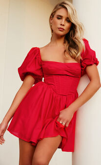 Souza Mini Dress - Fit and Flare Puff Sleeve Corset Dress in Red