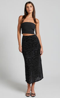 Frankie Midi Skirt - Burn Out Velvet High Waisted Slip Skirt in Black