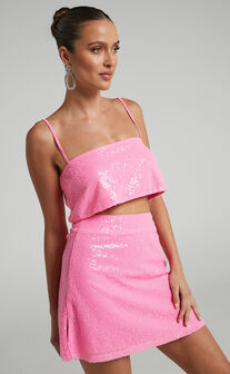 Elswyth Mini Skirt - Side Split Sequin Skirt in Pink
