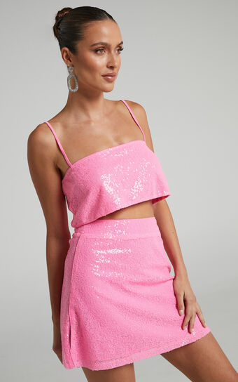 Elswyth Mini Skirt  Side Split Sequin in Pink Showpo Australia