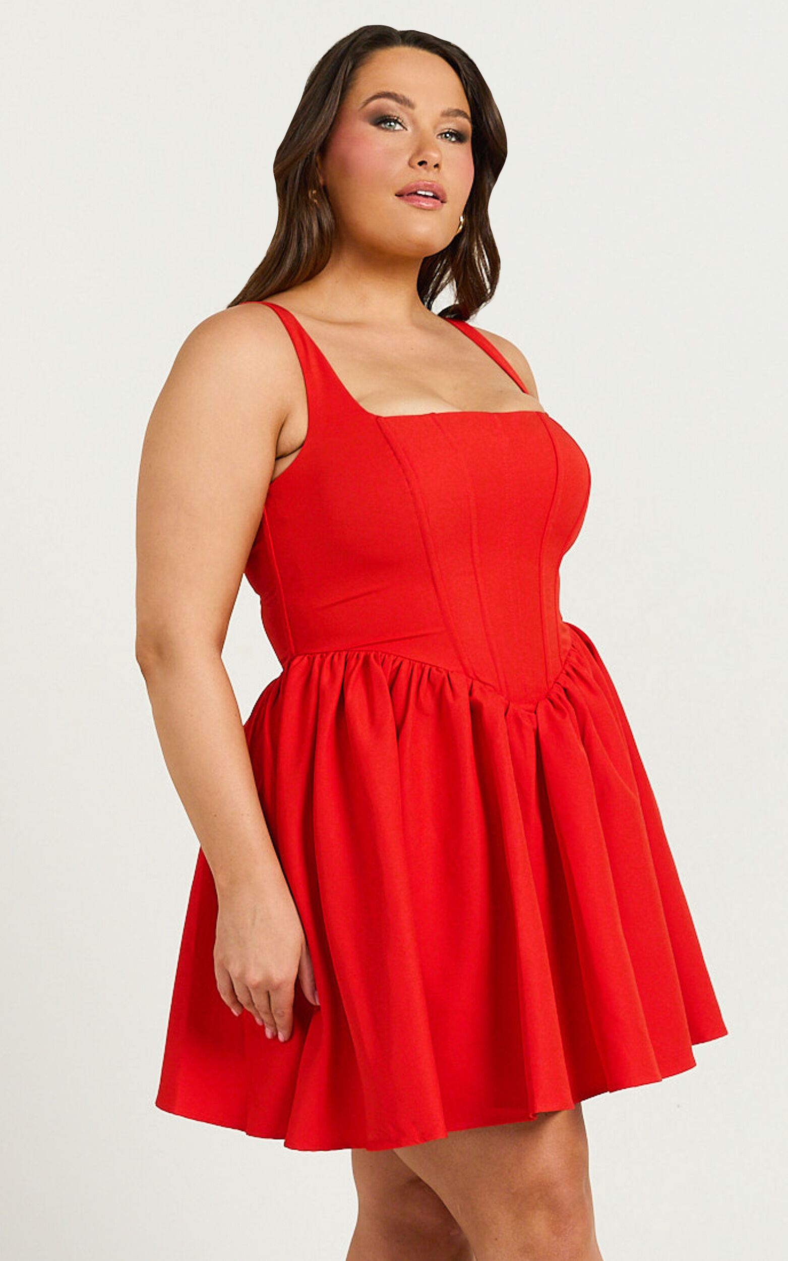 Aimee Mini Dress Scoop Neck Corset Gathered Dress in Red