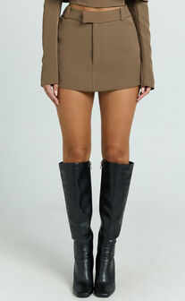Ursula Mini Skirt - Low Waist Tailored Skirt in Khaki