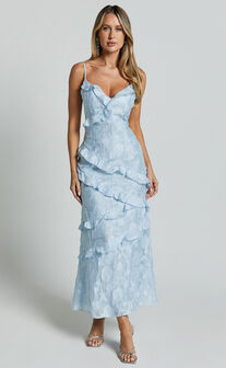 Michaela Midi Dress - Jacquard Ruffle Detail Tiered Dress in Light Blue