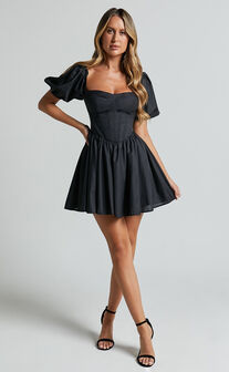 Souza Mini Dress - Fit and Flare Puff Sleeve Corset Dress in Black