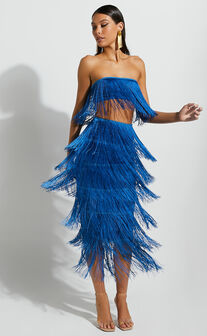 Amalee Two Piece Set - Fringe Strapless Crop Top and Midi Skirt Set in Cobalt Blue