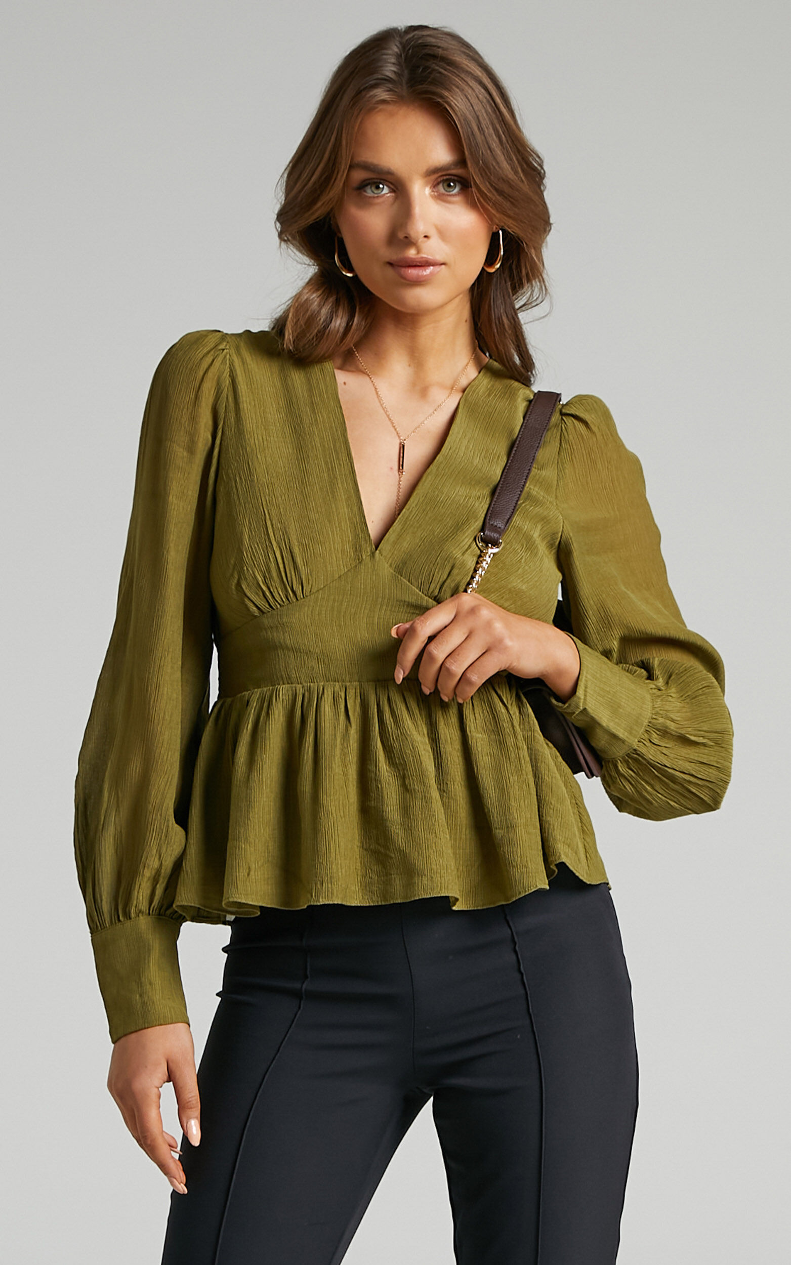 Shyla Balloon Sleeve Peplum Top in Green | Showpo EU