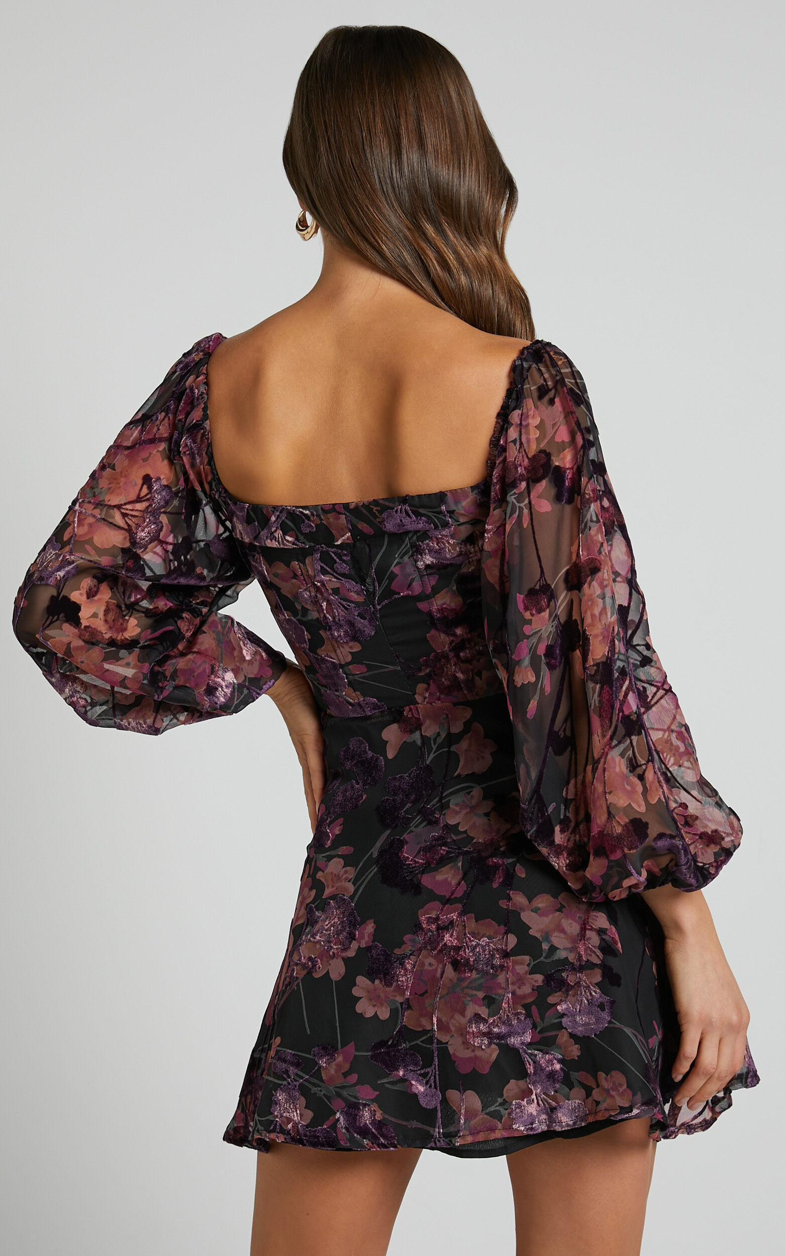 Jessell Mini Dress - Long Sleeve Cowl Corset Dress in Burnt Out Floral ...