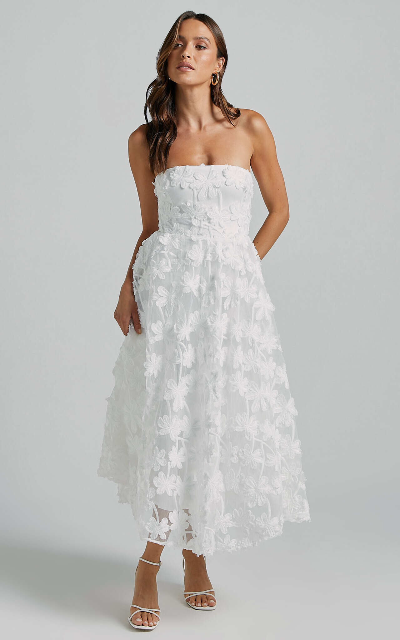 Rheiva Midi Dress Strapless 3D Embroidery Midi Dress in White Showpo EU