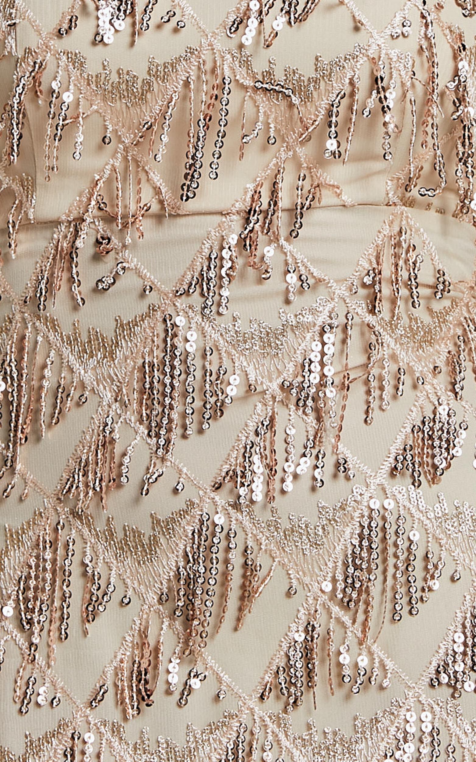 Variel Midi Dress - Strapless Fringe Sequin Dress in Champagne | Showpo USA