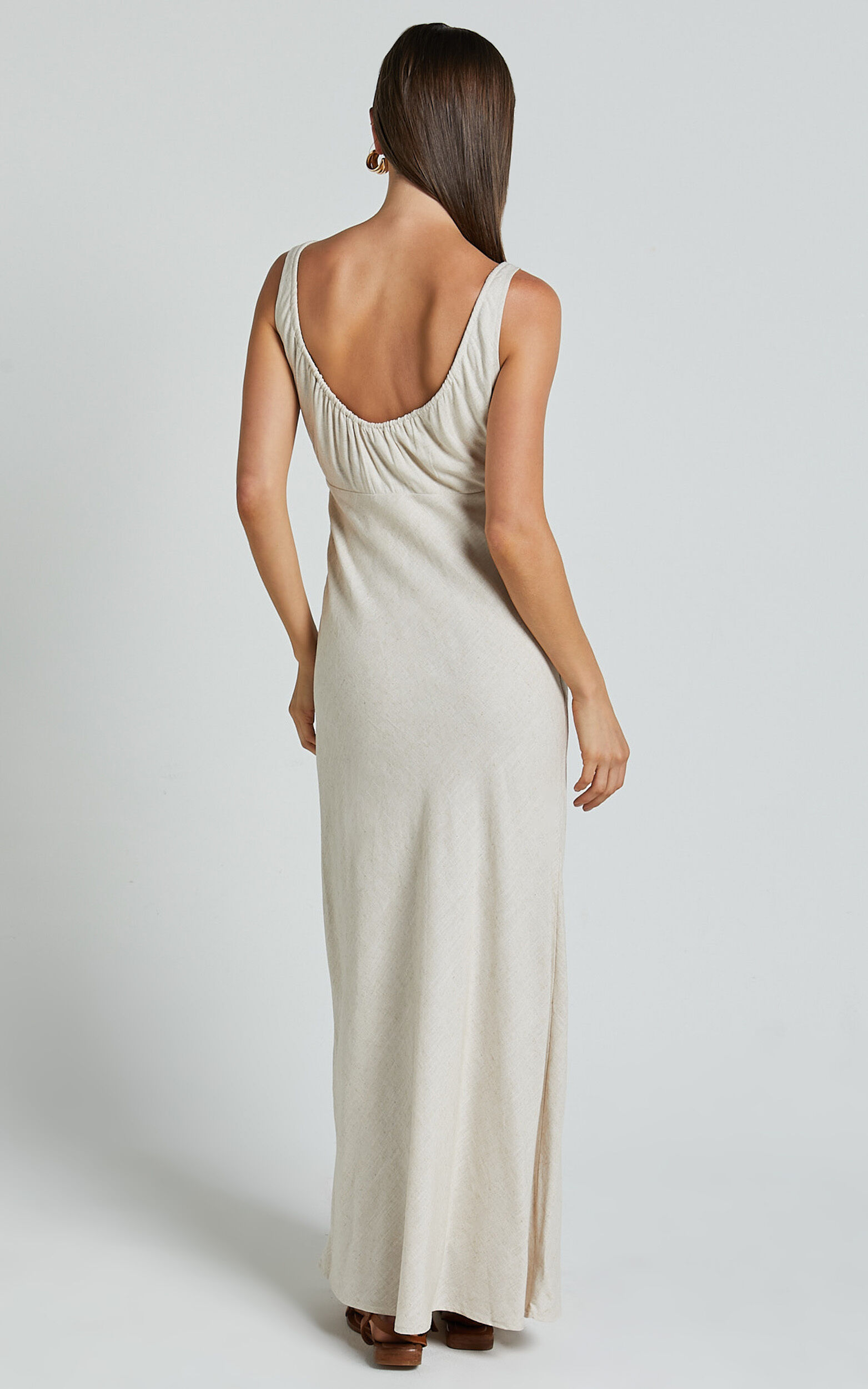 Lucas Midi Dress - Ruched Bust Linen Look Dress in Natural | Showpo