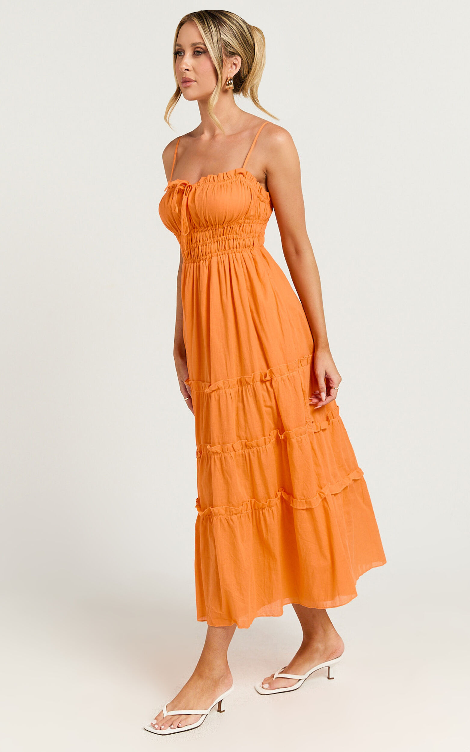 Schiffer Midi Dress - Strappy Ruched Tie Front Tiered Dress in Mandarin ...