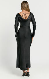 Arriana Midi Dress - Long Sleeve Cowl Back Satin Dress in Black | Showpo