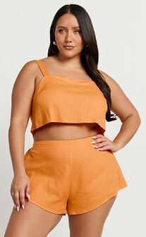 Zanrie Two Piece Set - Linen Look Square Neck Crop Top and High Waist Mini Flare Shorts Set in Orange