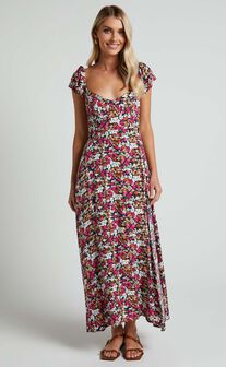 Donissa Midi Dress - Thigh Split Flutter Sleeve Dress in Navy Floral