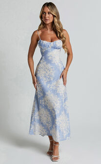 Giselli Midi Dress - Adjustable Strap Ruched Bust Dress in Blue Print