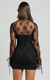 Presley Mini Dress - Lace Ruffle Plunge Tie Detail Dress in Black | Showpo