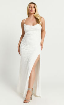 Reese Maxi Dress - Cowl Cross Back Burnout Dress in White