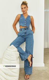 Fergie Jeans - Denim High Waisted Straight Leg Denim Jeans in Mid Blue Wash