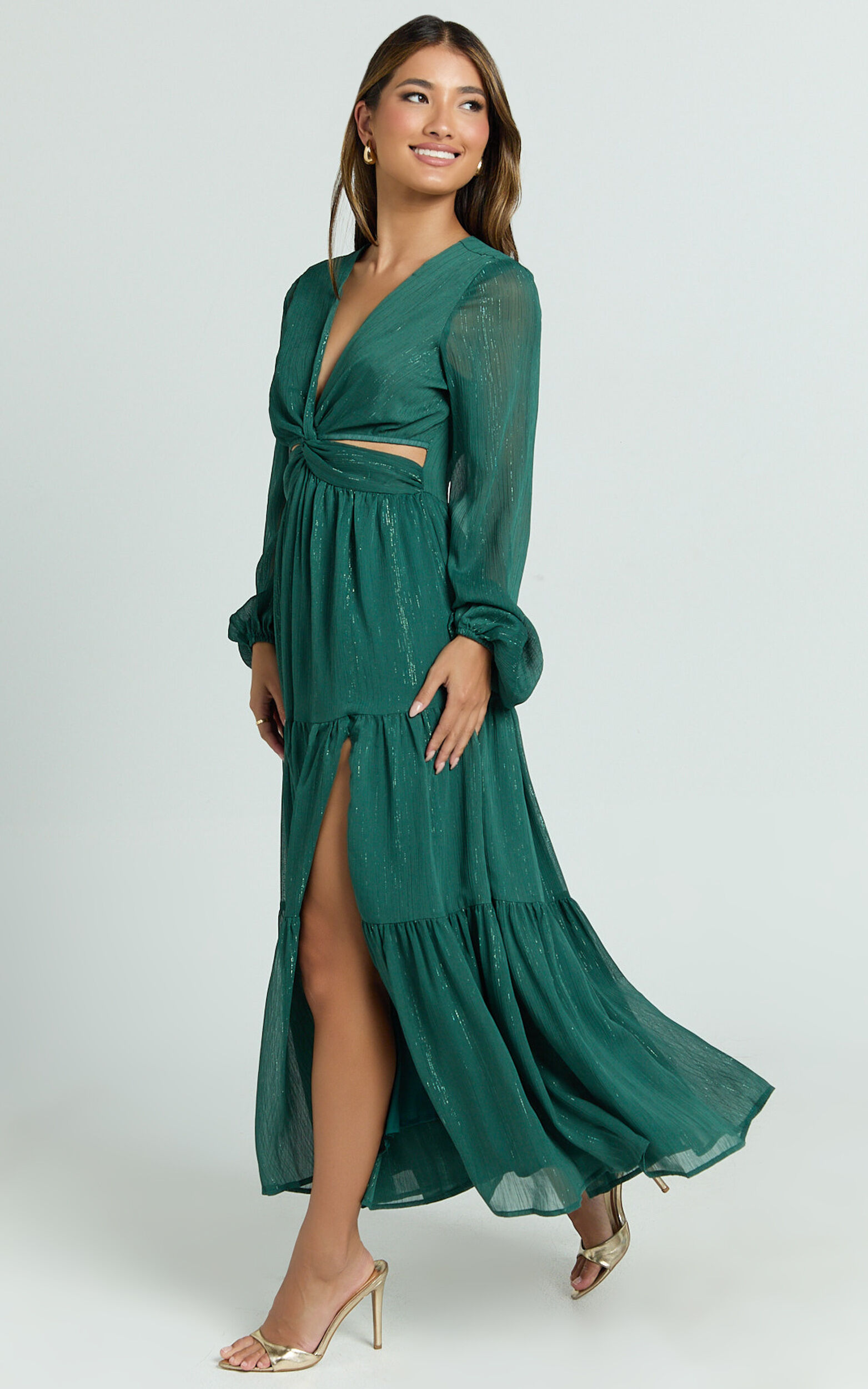 Edelyn Midi Dress - Cut Out Balloon Sleeve Tiered Dress in Edelyn Midi Dress - Cut Out Balloon Sleeve Tiered Dress in
