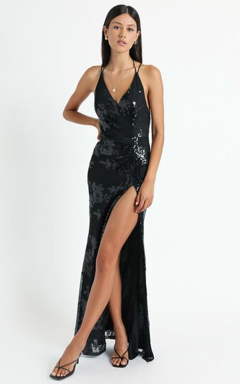 Out Till Dawn Maxi Dress - Thigh Split Dress in Black Sequin