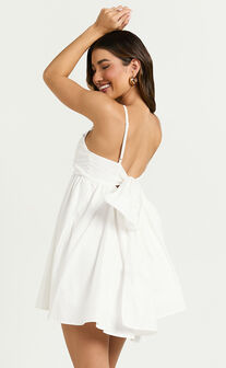 Clover Mini Dress - Back Bow Babydoll Dress in White