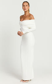 Rani Midi Dress - Off Shoulder Long Sleeve Bodycon Dress in Off White ...
