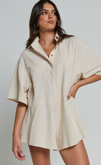Ankana Playsuit - Short Sleeve Relaxed Button Front Playsuit in Biscuit