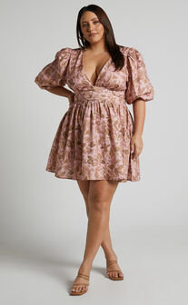 Amalie The Label - Rivinna Linen Blend Pleat Waist Puff Sleeve Mini Dress in Vahala Print
