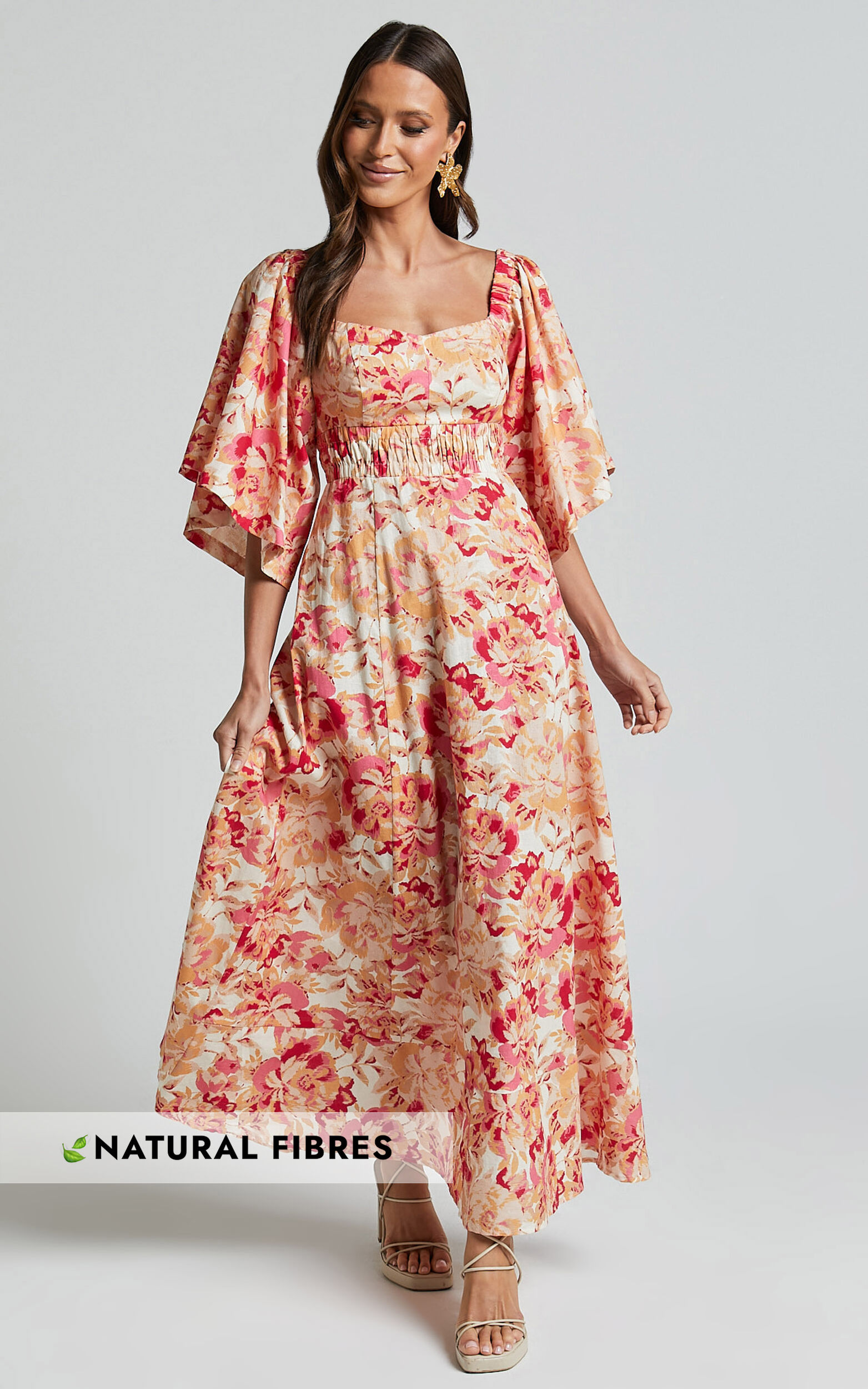 Amalie The Label - Thalia Linen Blend Puff Sleeve Midi Dress in Sienna Print - 06, ORG1