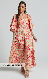 Amalie The Label - Thalia Linen Blend Puff Sleeve Midi Dress in Sienna Print