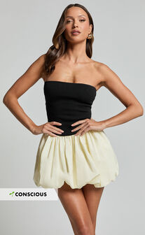 Harley Mini Dress - Strapless Drop Waist Bubble Hem Contrast Dress in White/Black