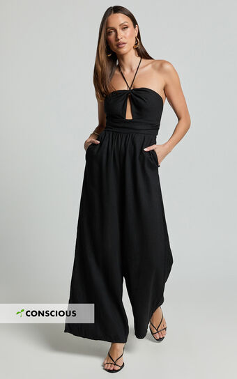 Isla Jumpsuit - Linen Look Halter Neck Jumpsuit in Black